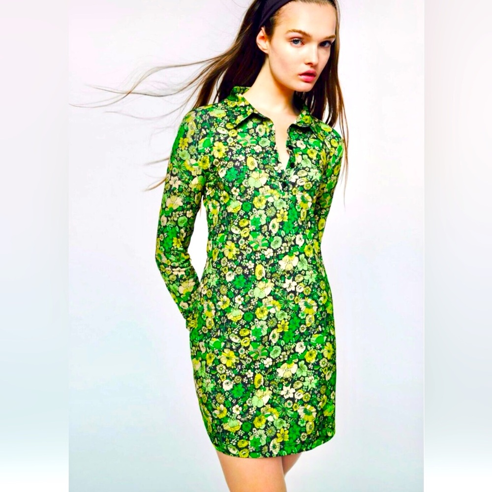 Zara Green Sheath Dress with Long Sleeves and Polo Collar